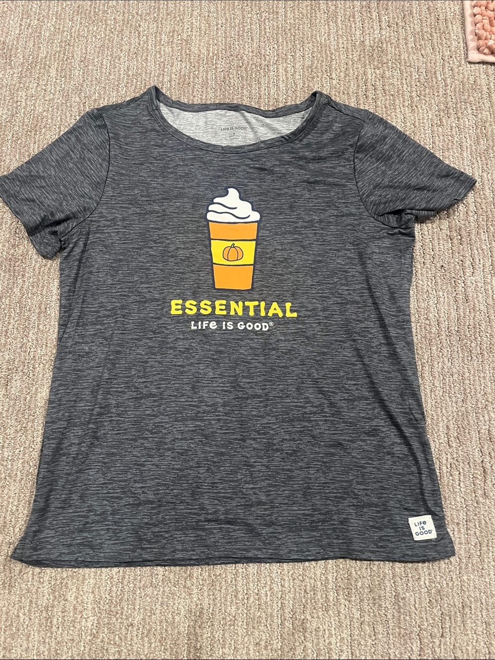 Life Is Good Gray Short Sleeve Tee with Pumpkin Spice Cup Graphic